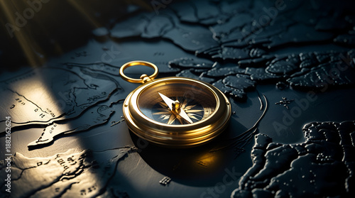 Luxury golden compass resting on dark black map, business direction and strategy concept
