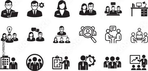 Office and people icon set with teamwork, business, employee and workplace symbols for web and app design.