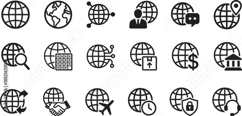 Global icon set with world, globe, network and international symbols for web, app and business design.