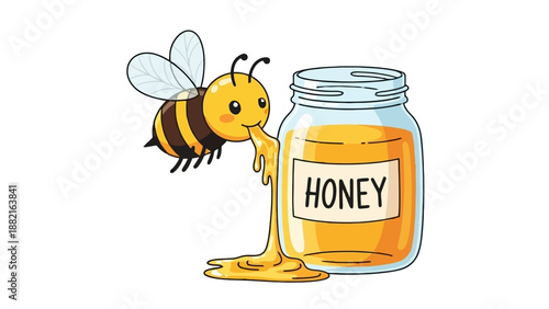 Cute cartoon bee drinking honey directly from glass jar illustration with dripping sweet nectar and label