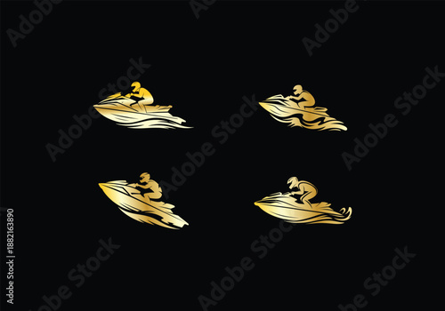 Jets ski Water sport logo set , Dynamic Jet Ski Rider golden Logo vector design