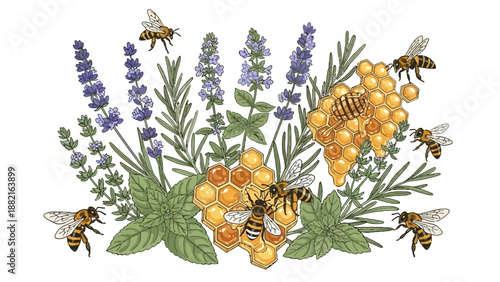 Vibrant illustration of honeycombs with bees surrounded by lavender and mint herbs for natural cosmetic or honey product design