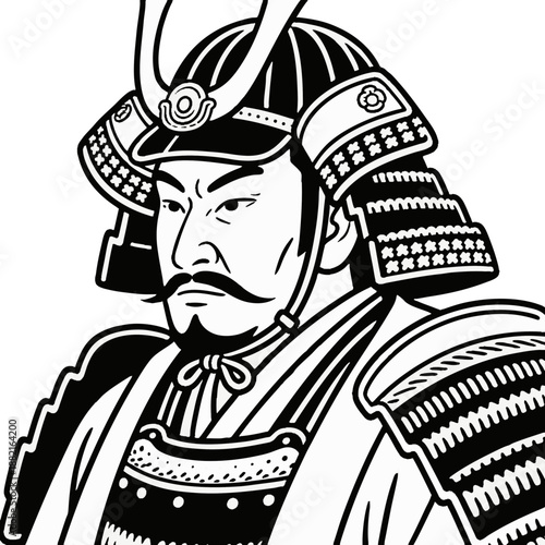 Simple illustration of a Japanese warrior. Minimal. Line art. Samurai. Sengoku period. Japanese. Zen. Topknot. Bushi.