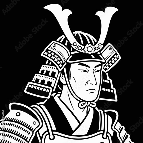 Simple illustration of a Japanese warrior. Minimal. Line art. Samurai. Sengoku period. Japanese. Zen. Topknot. Bushi.