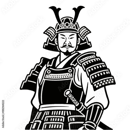 Simple illustration of a Japanese warrior. Minimal. Line art. Samurai. Sengoku period. Japanese. Zen. Topknot. Bushi.