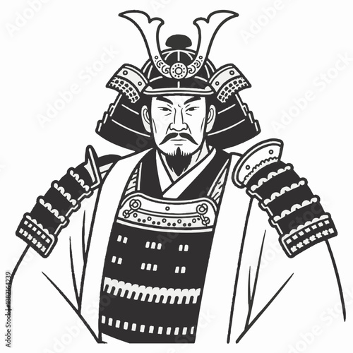 Simple illustration of a Japanese warrior. Minimal. Line art. Samurai. Sengoku period. Japanese. Zen. Topknot. Bushi.