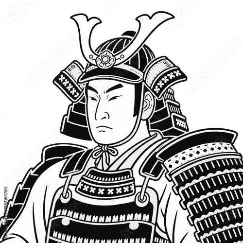 Simple illustration of a Japanese warrior. Minimal. Line art. Samurai. Sengoku period. Japanese. Zen. Topknot. Bushi.