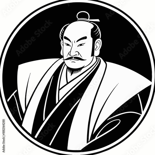 Simple illustration of a Japanese warrior. Minimal. Line art. Samurai. Sengoku period. Japanese. Zen. Topknot. Bushi.