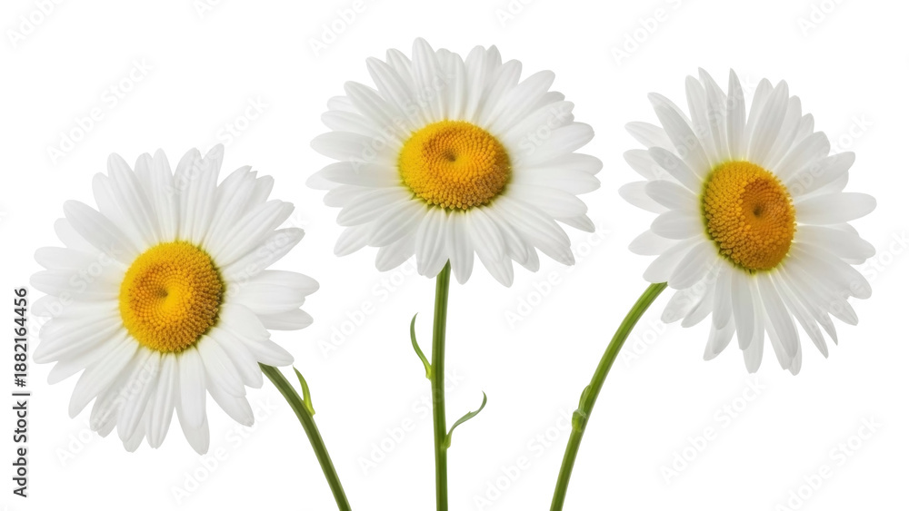 Fototapeta premium Three Daisy Flowers with White Petals Isolated on Transparent PNG Image