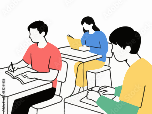 Simple illustrations of students enjoying a fun-filled school life. Studying. Reading. Classes. Self-study. Minimalistic. School. Student life. Colorful. Youth.