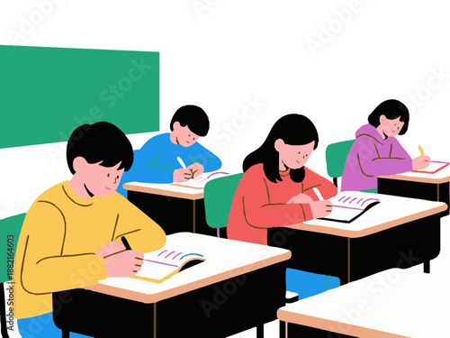 Simple illustrations of students enjoying a fun-filled school life. Studying. Reading. Classes. Self-study. Minimalistic. School. Student life. Colorful. Youth.