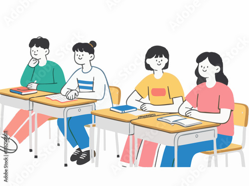 Simple illustrations of students enjoying a fun-filled school life. Studying. Reading. Classes. Self-study. Minimalistic. School. Student life. Colorful. Youth.