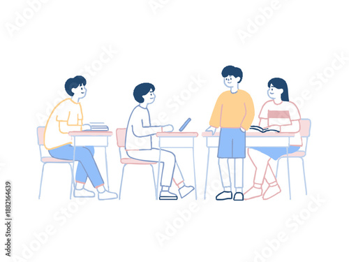 Simple illustrations of students enjoying a fun-filled school life. Studying. Reading. Classes. Self-study. Minimalistic. School. Student life. Colorful. Youth.