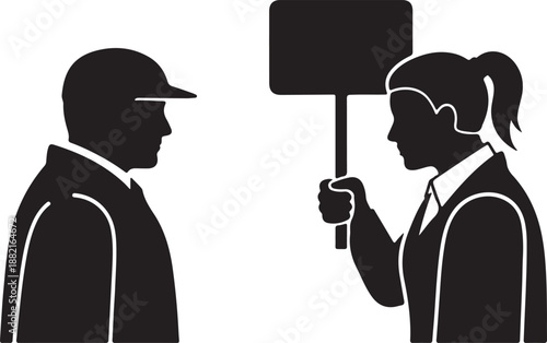 Businessman and businesswoman communicating with a sign