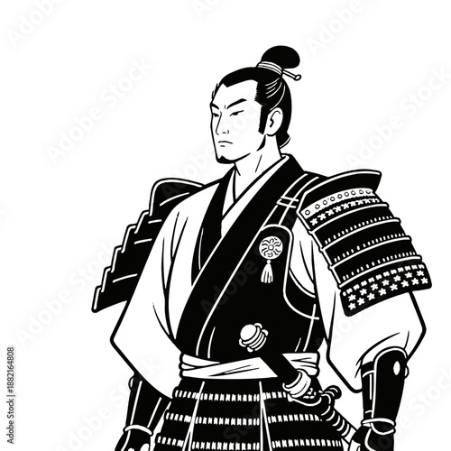 Simple illustration of a Japanese warrior. Minimal. Line art. Samurai. Sengoku period. Japanese. Zen. Topknot. Bushi.