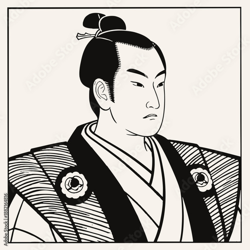 Simple illustration of a Japanese warrior. Minimal. Line art. Samurai. Sengoku period. Japanese. Zen. Topknot. Bushi.