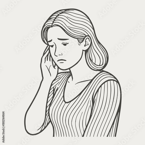 Simple illustration of a worried woman. Line art. Minimalist. Stress. Illness. Mental health. Loneliness. PMS. Hormonal imbalance.