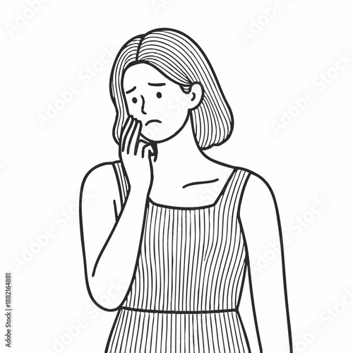 Simple illustration of a worried woman. Line art. Minimalist. Stress. Illness. Mental health. Loneliness. PMS. Hormonal imbalance.