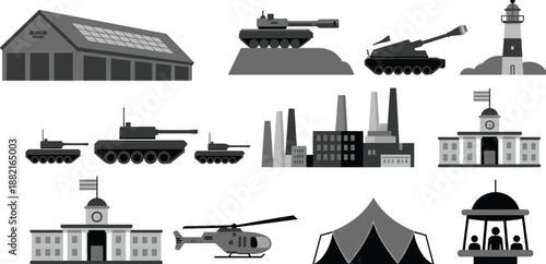 Military Base Infrastructure Illustration with Tanks, Factories, Helicopter, Lighthouse, Barracks, Government Buildings, and Camp Elements in Flat Vector Style