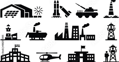 Silhouettes of infrastructure, transportation, and defense elements including tanks, helicopters, factories, and launch pads in a grid layout.