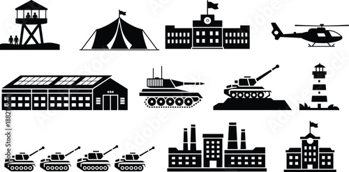 Silhouettes of military base infrastructure and vehicles including tanks, helicopters, watchtower, and rocket launch pad for defense and logistics visuals.