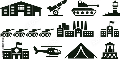 Military Base and Infrastructure Icon Set with Tanks, Missiles, Helicopter, Factories, Barracks, Lighthouse, and Strategic Buildings Silhouette Vector Illustration