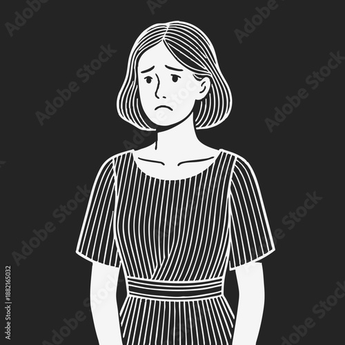 Simple illustration of a worried woman. Line art. Minimalist. Stress. Illness. Mental health. Loneliness. PMS. Hormonal imbalance.