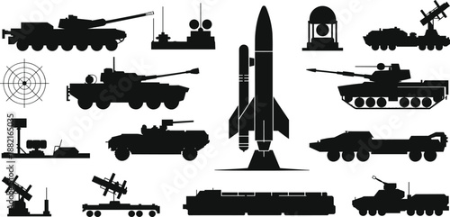 Silhouettes of military vehicles and rockets arranged around central launch pad, showcasing defense technology, missile systems, and armored equipment.