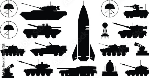 Military Missile and Tank Silhouette Collection Featuring Armored Vehicles, Rocket Systems, Radar Equipment, and Modern Warfare Defense Technology Vector Illustration