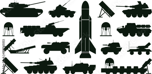 Silhouettes of military vehicles and equipment in grid layout, showcasing tanks, missiles, and radar systems for defense and strategy visuals.