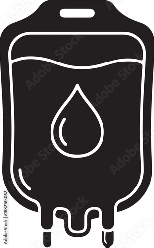Black and white illustration of an iv bag with a drop