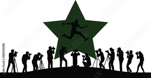 Silhouette of photographers capturing a jumping figure with green star backdrop, symbolizing fame, celebration, and media attention in dynamic composition.