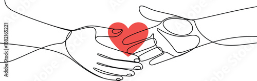 Minimalist line art of two hands reaching toward a red heart, symbolizing love, connection, care, and emotional support in relationships.