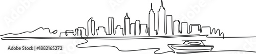 Minimal One Line City Skyline with Boat on River, Modern Urban Landscape Continuous Line Drawing Illustration for Travel and Business Concept