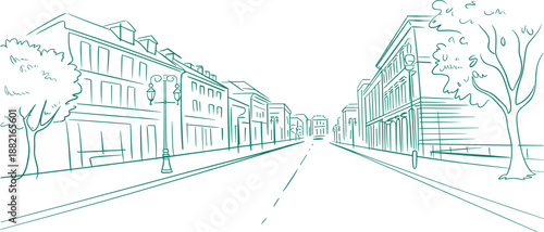 Line drawing of urban street with symmetrical buildings, trees, and lamp posts in perspective view, illustrating city architecture and depth.