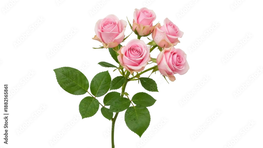 Obraz premium Five Pink Roses Blossom on a Stem PNG on Transparent Background