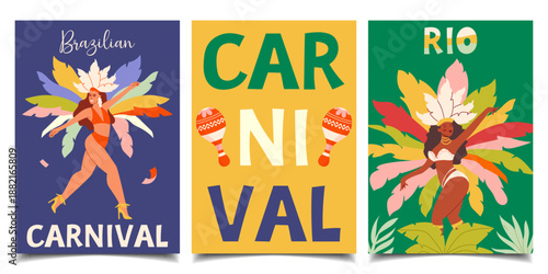 Brazilian Carnival Festival, set of colorful posters, postcards. Dancers in traditional costumes