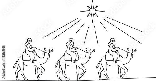 Silhouette of three camels with riders under radiant star, symbolizing biblical journey of Three Wise Men in Nativity scene.