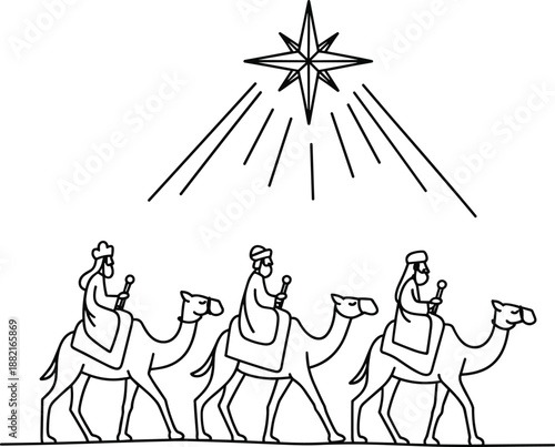 Three Wise Men Riding Camels Under the Star of Bethlehem, Nativity Christmas One Line Drawing, Biblical Story, Religious Holiday Vector Illustration
