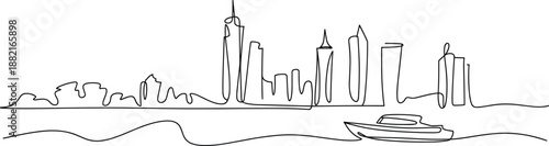 Minimalist line drawing of city skyline with boat on water, capturing urban waterfront architecture in continuous line art style.