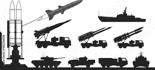 Silhouettes of diverse military vehicles and equipment including missiles, tanks, warship, and aircraft for defense and combat technology visuals.