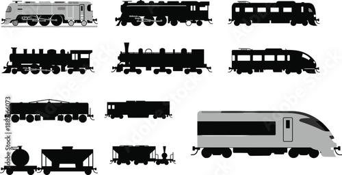 Train Silhouette Collection with Steam, Diesel, Electric, Freight, and High Speed Passenger Locomotives, Classic and Modern Railway Transportation Vector Illustration