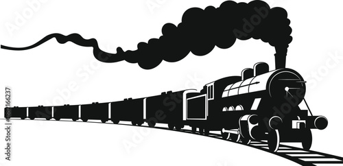 Silhouette of steam locomotive pulling long train on curved railway with trailing smoke, capturing vintage motion and classic industrial transport design.