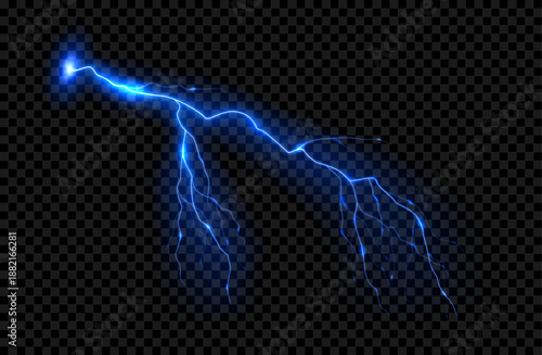 Vector glowing lightning effect. Realistic effect of bright electric discharge of blue lightning. Vector illustration of light-blue bright thunderstorm.