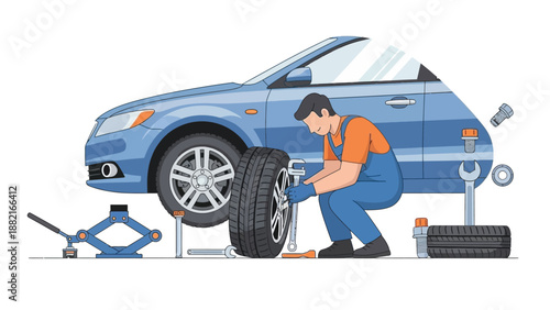 Mechanic changing car tire vector illustration