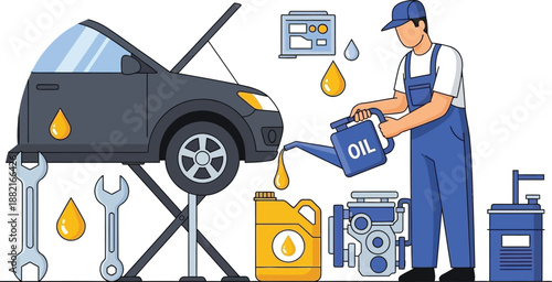Mechanic changing car engine oil vector illustration
