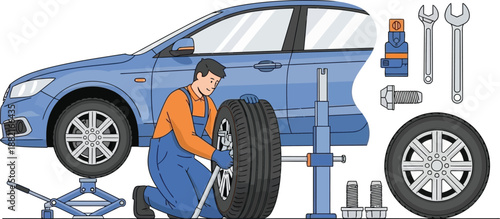 Mechanic changing car tire vector illustration