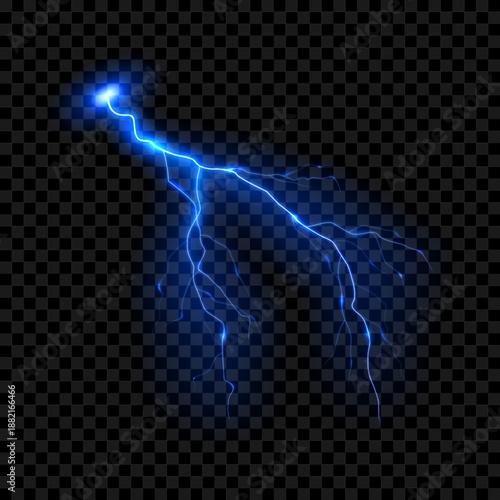 Flickering glowing lightning effect. Realistic effect of bright electric discharge of blue lightning. Vector illustration of light-blue bright thunderstorm.