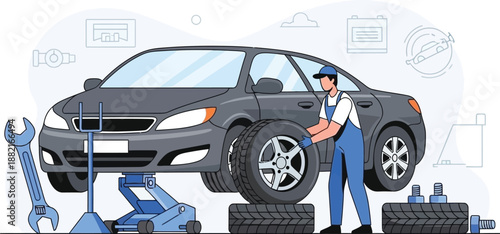 Mechanic changing car tire vector illustration