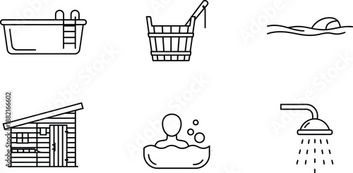 Collection of bathroom accessories icons showing bathtub and shower